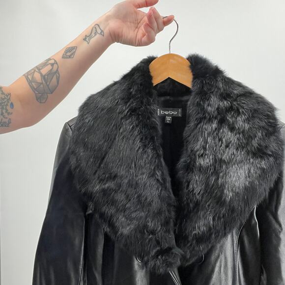 bebe Vintage Black Leather Jacket Rabbit Fur Collar Black Size Large - Picture 7 of 9